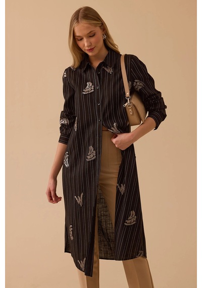 Seçil Kadın Çizgili İşlemeli Motif Detaylı Uzun Tunik 1048 Siyah