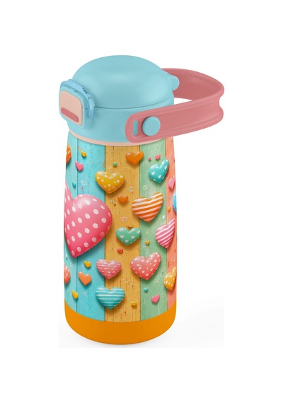 Puccon 420 Ml Kız Çocuklar İçin Paslanmaz Çelik Okul Matarası - 60014 - Kalp Desenli - Pastel Renkli Turkuaz - Pembe