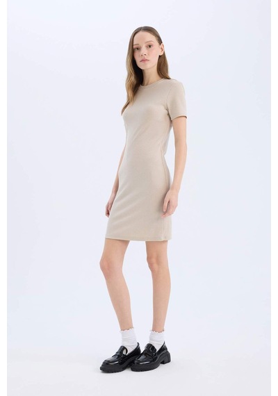 DeFacto Coool Bodycon Vücudu Saran Bisiklet Yaka Fitilli Kaşkorse Kısa Kollu Mini Elbise E7231AX25SPBG106