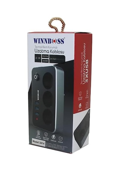 Winnboss-3414 3'lü Termal Akım Korumalı Usb'li Uzatma Kablosu, Chrmk11985