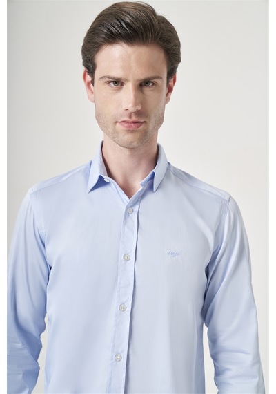İmza Mavi Sert Yaka Uzun Kol Cepsiz Saten Slim Fit %100 Pamuk Gömlek 1004260424 Koyu Mavi