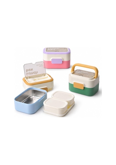 Lexroo Deconox Paslanmaz Çelik Hazneli Kulplu Yemek Kabı 1010 Ml, Bölmeli Lunch Box Seti Çok Renkli