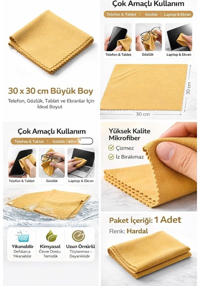 Mikrofiber Büyük Boy Temizlik Bezi 30x30 Cm Gözlük, Telefon, Tablet, Laptop Ve Ekran Temizleme Bezi