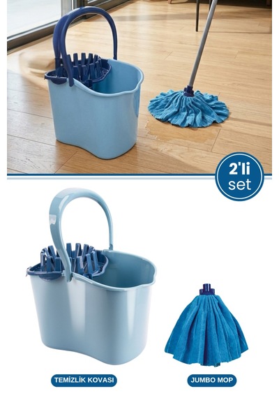 Flora 2 Li Temizlik Seti Mavi, Sıkmalı Temizlik Yer Silme Kovası + Süper Emici Mikrofiber Jumbo Mop