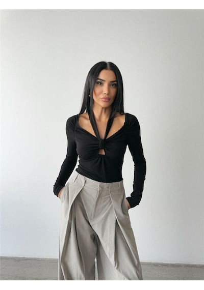 Soonaksesuar Sandy Bodysuit Önden Bağlama Detaylı - Siyah Siyah