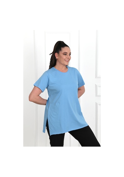 Kadın Bisiklet Yaka Yırtmaç Detaylı Büyük Beden Tshirt 9633-22 001
