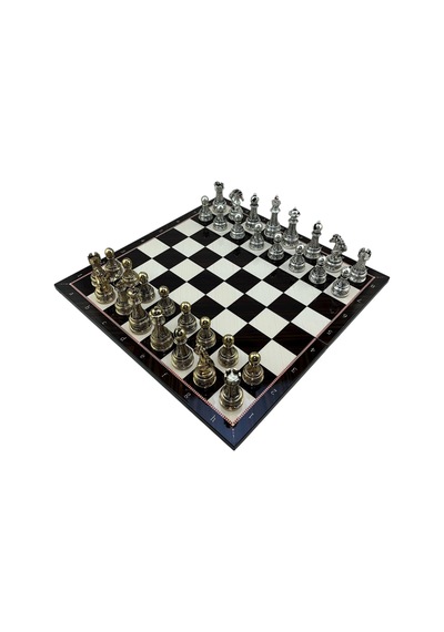 Gifthome Premium Battal Boy Metal İşlemeli Klasik Satranç Takımı Ve Katlanır Ceviz Desenli Mdf Satranç Tahtası 43x43 Cm.