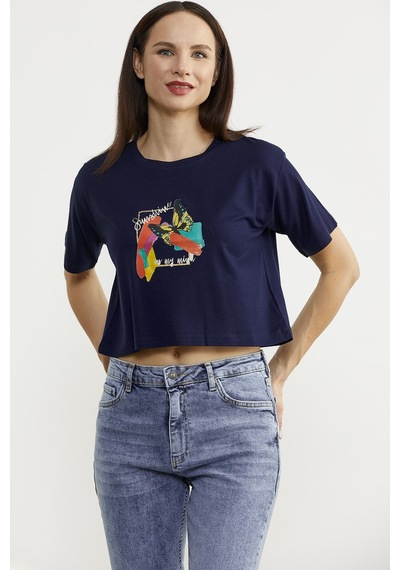 Oversize Baskılı Crop Tişört - Lacivert Çok Renkli