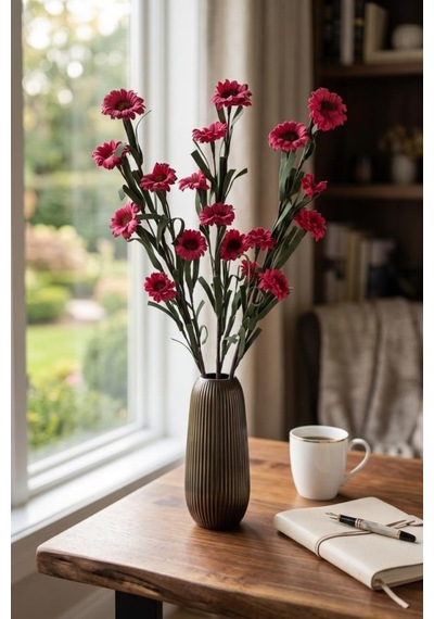 Yapay Çiçek Lateks Papatya Dalı Fuşya 6 Çiçekli 60 Cm Gerçek Dokulu Dekoratif Çiçek Fusya