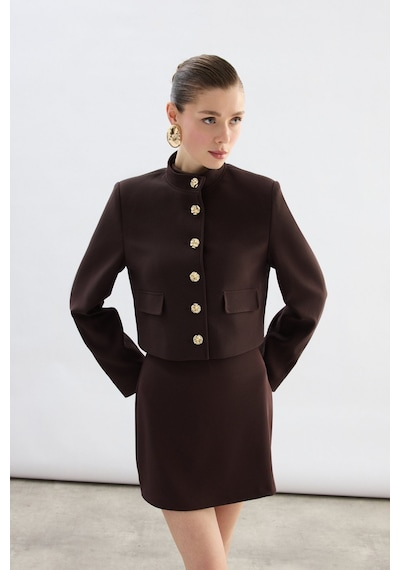 Sateen Düğmeli Kısa Ceket - Kahve-136773 Kahve