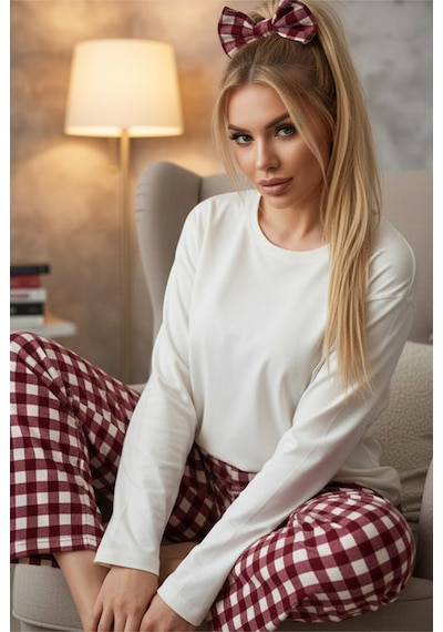 Siyah İnci Pamuklu Pijama Takımı 7681 Ekru Bordo Ekose