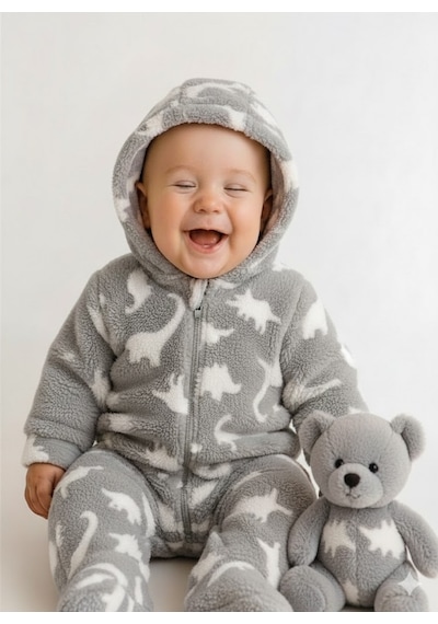 Balbeybi Welsoft Unisex Bebek Çocuk Kışlık Fermuarlı Peluş Tulum , Bebek Ve Çocuk Tulum Gri