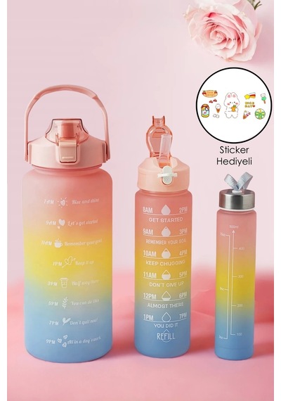 3'lü Motivasyon Kokusuz Stickerlı Spor Suluk Matara Pipetli Taşınabilir