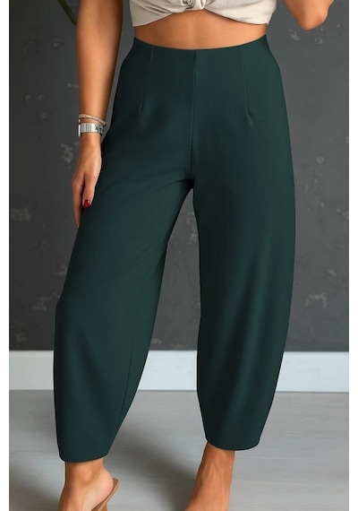 Defymoda Kadın Yüksek Bel Krep Pantolon Yeşil