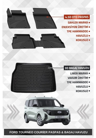Sahler Ford Tourneo Courier 2024+ Uyumlu 4.5d Premium Havuzlu Oto Paspas Ve Liner Marka 3d Bagaj Hav