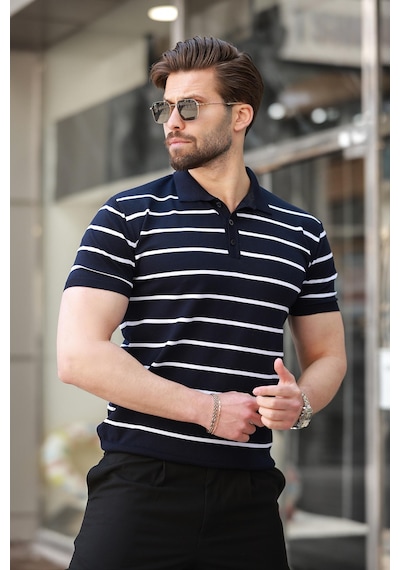 Madmext Lacivert Çizgili Polo Yaka Erkek T-shirt E7405 Lacivert