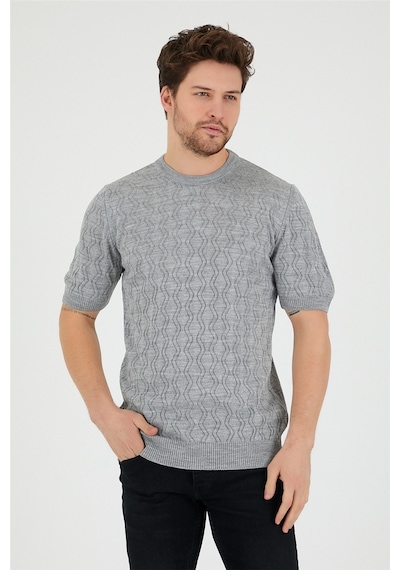 Tarz Cool Erkek Yuvarlak Yaka Desenli Örme T-shirt Gri