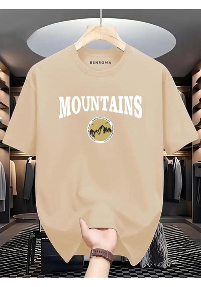 Mountaıns Baskılı Oversize Tişört Bej