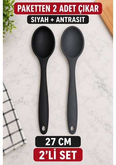 2'li Set Siyah Antrasit Büyük Boy Silikon Kaşık 27 Cm Mutfak Yemek Pişirme Ve Servis Kaşığı 2 Renkli