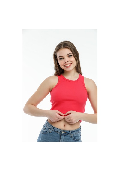 Superlife Süperlife Kadın Crop Örme Arkası Yüksek Yaka Slim Fit Atlet-tişort Spr21y11 Açık Kırmızı