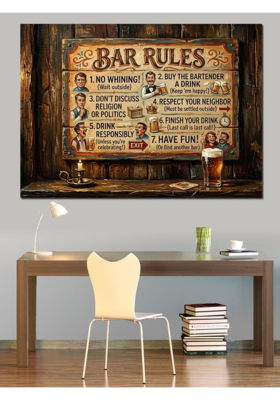 Bar Kuralları Nostaljik Ahşap Tabela Dekoratif Kanvas - Mdf Ahşap Tablo