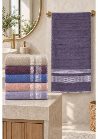 Çift Şerit Desenli Renkli Havlu 50x90 Cm 6 Lı Set - Çok Renkli