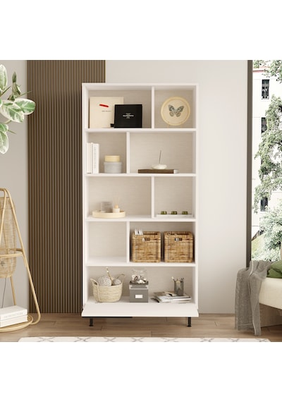 Yurudesign Ocean Kitaplık Raf Metal Ayaklı 176cm Kapaklı Beyaz On4-w