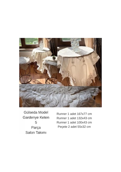 5 Parça Gülseda Model Krem-krem Keten Dantelli Runner Seti Çeyizlik Salon Takımı Bzckh1363 Çok Renkli