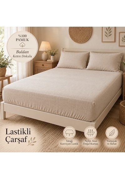 Doğal Dokunuş Naturel Buldan Keten Dokulu %100 Pamuk Lastikli Çarşaf Takımı