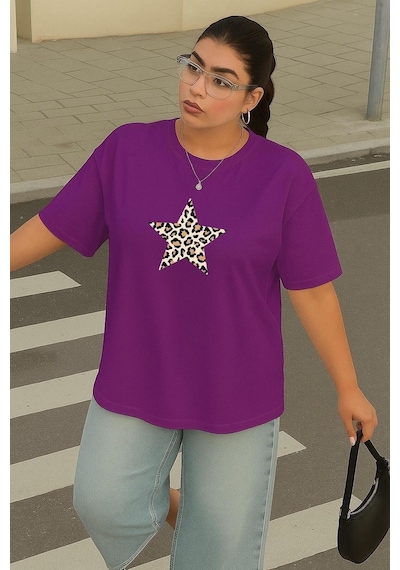 Büyük Beden Yıldız Leopar Baskılı Unisex Tişört Mor