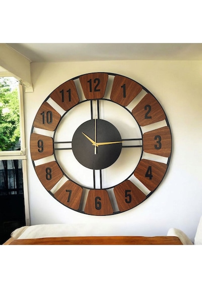 Ahşap Siyah Ceviz Renk Desenli Sayılı Hediyelik Sessiz Duvar Saati 50cm Kahverengi