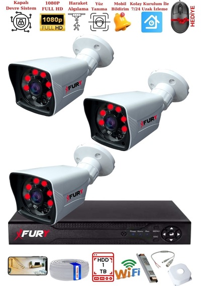 Fury 3 Kameralı 2mp Full Hd Görüntü 6 Atom Led Gece Görüşlü Dış Mekan Güvenlik Kamerası Seti 1tb