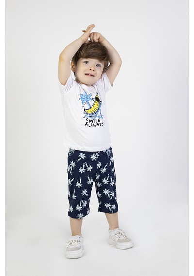 Harika Kids Erkek Bebek Kaprili Kısa Kollu Smile Desen Baskılı Yazlık Basic Alt-üst Takım 6-24 Ay Beyaz