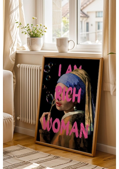 İnci Küpeli Kız I Am Rich Woman Eğlenceli İronik Sanat Çerçeveli Tablo Yeni Eve Hediye Altered Art
