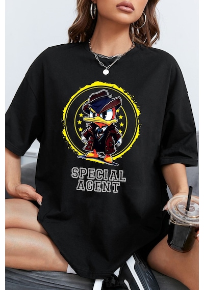 Unisex Special Agent Baskılı Oversize Tshirt Siyah