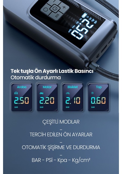 150psi Şarjlı Araç Oto Kompresörü Powerbank Led Işıklı Lastik Top Yatay Şişirme Pompası 6000mah 9624