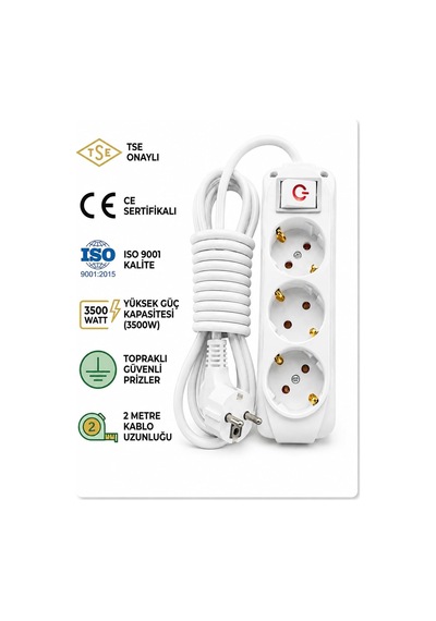 3 Lü Priz 2 Metre Uzatma Kablosu Anahtarlı Topraklı 3500w Işıklı Aç-kapat Düğmeli Grup Priz Ce Tse Iso 9001 Belgeli Almera Tüm Elektronik Cihazlarla Uyumlu Diğer