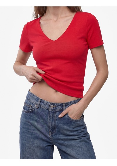 Koton Pamuklu Slim Fit Kısa Kollu V Yaka Tişört Kırmızı 6sak50425ek
