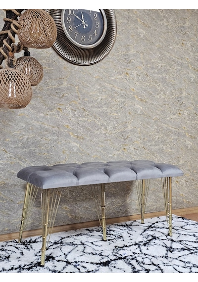 Zafir Metal Gold Tel Ayaklı 100 Cm Puf Bench - Puf - Bench - Oturak - Mutfak Oturağı - Antre Oturağı Gri