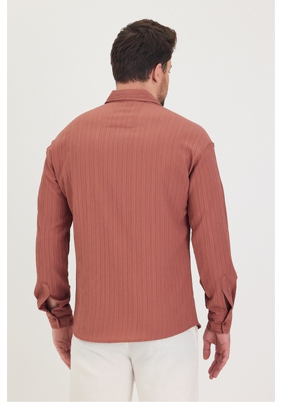Tarz Cool Erkek Kendinden Çizgi Detaylı Slim Fit Dar Kalıp Uzun Kol Gömlek Gülkurusu