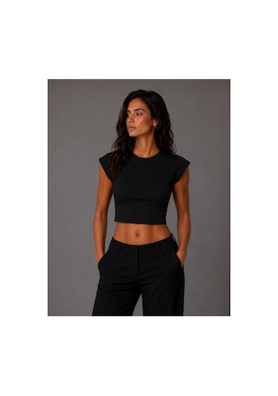 Parshey Kadın Crop Body Kısa Kollu Slim Fit Basic Crop Top Bisiklet Yaka Bluz Siyah