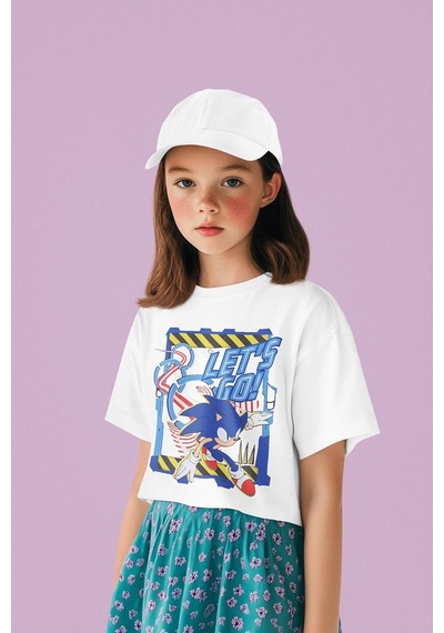 Sevbano Sonic Lets Go Baskılı Unisex Çizgi Film Çocuk Tişört 1-12 Yaş Beyaz