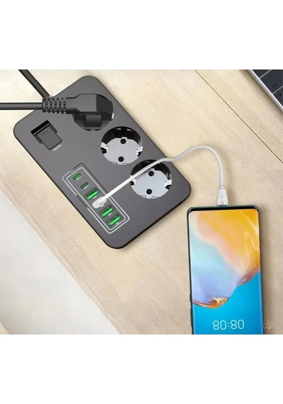 Akım Korumalı 3 Lü Priz 2x Usb-c + 4x Usb-a Hızlı Şarj 2m Kablo Çocuk Korumalı Çoklu Priz 2 M