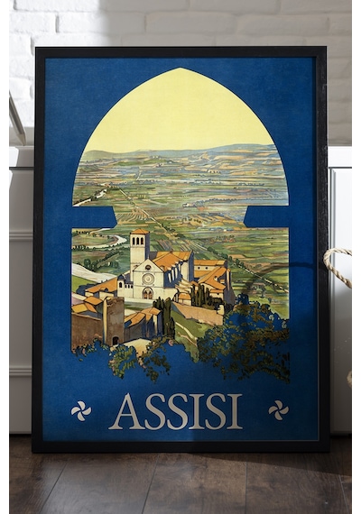 Assisi Siyah Ahşap Çerçeveli Poster, Dekoratif Seyahat Duvar Tablosu