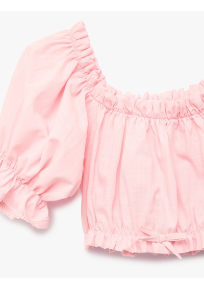 Koton Kısa Kollu Straplez Yaka Gipeli Fırfırlı Pamuklu Bluz Pembe 6skg60208aw Gül