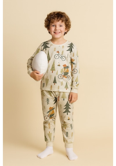 Esila Kids Erkek Çocuk Pijama Takımı Baskılı Uzun Kollu Takım 3-7 Yaş Bej