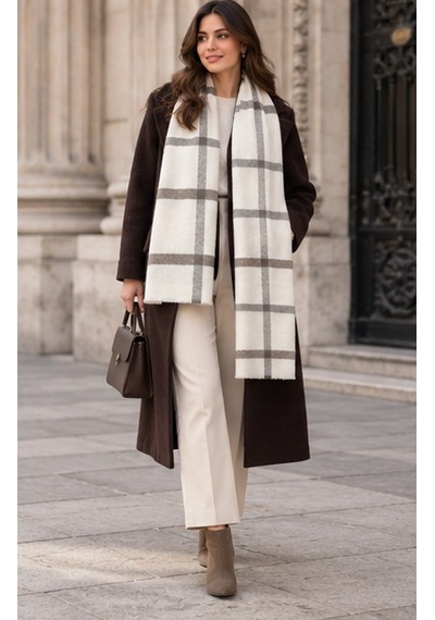 Milano Soft Touch Ekru Gri Ekose Desenli Kadın Şal Old Money Stil, Yumuşak Dokulu, Oversize Görünümlü, Premium Sonbahar Kış Boyun Şalı Çok Renkli