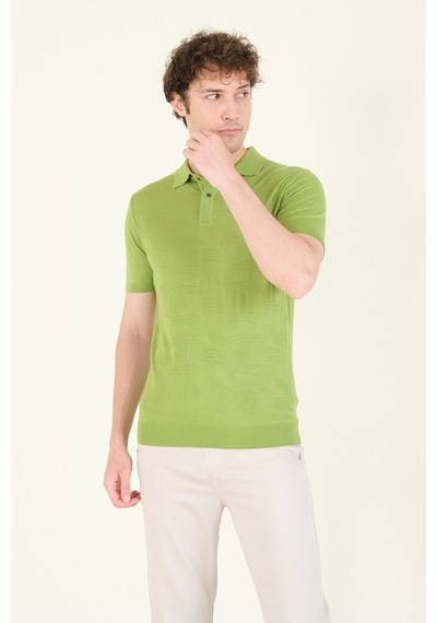 Giyim Dünyası Erkek Çıtçıtlı Desenli Polo Yaka Merserize T-shirt Yeşil 001