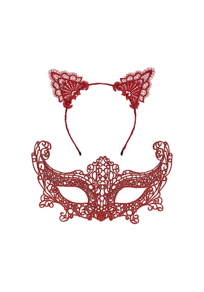 Romantik Kırmızı Dantel Maske Seti Kedi Kulaklı Taç Ve Maske 3 No