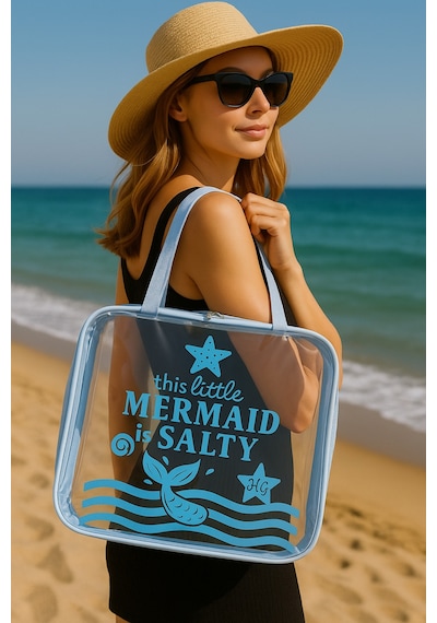 Hig Home Mermaid Temalı Şeffaf Plaj Çantası Su Geçirmez Yazlık Kadın Tatil Çantası MAvi